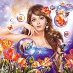 Аватар Девушка в сиреневом платье в цветущих красных и желтых ирисах на фоне облачного неба, сквозь которое просвечивается полная луна, вокруг мыльные пузыри, в которых разноцветные бабочки и ирисы, иллюстратор Натали Коломбина / Natali Colombina