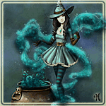 99px.ru аватар Ведьма в светло-бирюзовом платье и шляпе готовит волшебное зелье