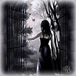 99px.ru аватар Девушка в черном платье открывает железные ворота, за которыми виднеется полная луна и летают бабочки, арт от Yue-Icesea