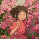 Аватар Тихиро Огино / Chihiro Ogino из аниме Унесенные призраками / Spirited Away бежит по дорожке между розовых цветущих кустов