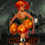 99px.ru аватар Рыжеволосая девушка на фоне мрачного старого дома подмигивает глазом, в руках она несет символ Хэллоуина - тыквы (Halloween)