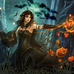 99px.ru аватар Колдунья в черном платье и книгой в руке произносит заклинание в темном лесу, вокруг нее летучие мыши, рисунок на тему Хэллоуина