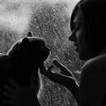 99px.ru аватар Девушка и кошка сидят возле окна, по которому стекают капли дождя