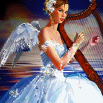 99px.ru аватар Девушка в белом платье с цветами в волосах и блестящими крыльями за спиной играет на арфе
