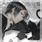 Аватар Себастьян Михаэлис / Sebastian Michaelis из аниме Темный дворецкий / Kuroshitsuji проводит пальцем по мордочке черной кошки с голубыми глазами