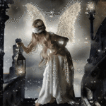 99px.ru аватар Девушка - ангел с белыми крыльями и повязкой, с горящим фонарем в руке у озера в ночи