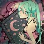 Аватар Хатсуне Мику / Hatsune Miku с голубыми волосами в корсете стоит у картины со звездами из Вокалоид / Vocaloid