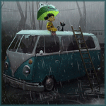 99px.ru аватар Девочка с зеленым зонтом в виде головы лягушки сидит на крыше автобуса рядом с черной кошкой, на улице идет дождь, художник Горо Фудзита / Goro Fujita