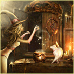 99px.ru аватар Девушка заливает в котелок жидкость, рядом стоит белая кошка, сказочные фотоманипуляции от Lilla Marton / Лилла Мартон