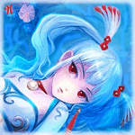 99px.ru аватар Анимешная девушка с нежно-голубыми волосами и красными глазами, с медальоном на шее лежит в воде среди цветов и загадочно смотрит