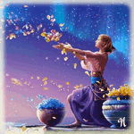 99px.ru аватар Девушка на фоне ночного неба бросает в воздух лепестки цветов из стоящих рядом больших ваз