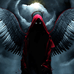 Аватар Девушка демон с нимбом и крыльями, как у ангела, стоит на фоне солнца пробивающегося сквозь грозовую тучу