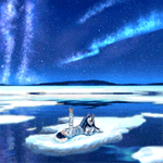 99px.ru аватар Девушка и собака лежат на льдине посреди воды и смотрят на северное сияние