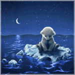99px.ru аватар Белый медвежонок сидит на льдине, плывущей по воде, в небе светит месяц, падает звезда, идет снег