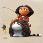 99px.ru аватар Девочка, сидящая на толстом коте, держит в руках удочку, на которой весит мышь с кусочком сыра в лапах, художник Goro Fujita