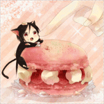 Аватар Chibi Neko Sebastian / Чиби Неко Себастьян из аниме Темный Дворецкий / Dark Butler / Kuro Shitsuji на пирожном, смотрит на указательной палец большой руки, тянущийся к нему