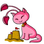 Аватар Розовый Neopet похожий на кошку, виляя хвостом, сидит и смотрит на замок из песка