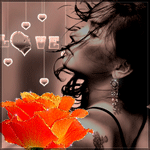 99px.ru аватар Девушка с развевающимися волосами и татуировкой на фоне оранжевой розы и надписи (Love / Любовь)