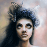 Аватар Девушка с цветами и бабочками в волосах смотрит вверх, художница MinaMeslin