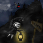 99px.ru аватар Маленький демон в черной одежде с фонарем в руке летит к замку стоящему на горе, рядом летит летучая мышь, стоит табличка - указатель, из которой появляется призрачный череп в клубах дыма. Ночь, светит полная луна, мимо которой плывут облака, художник Daniela Uhlig / Даниэла Улиг (Seaside Hotel)