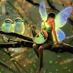99px.ru аватар Фея держит птицу на руках, сидя на ветке дерева, две другие птицы с интересом смотрят на них, художник Кирк Рейнерт / Kirk Reinert