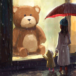 Аватар Маленькая девочка с мамой стоят напротив витрины магазина, в которой сидит большой плюшевый медведь, идет дождь, художник Goro Fujita