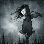 99px.ru аватар Крылатая девушка сидит на шпиле здания, идет дождь, художник Toon Hertz