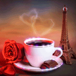 99px.ru аватар Чашка кофе, от которой идет пар в виде сердечек, стоит на блюдце, рядом лежит цветок розы, две дольки шоколада, лепесток, сзади стоит Эйфелева башня