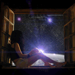Аватар Девушка сидит на подоконнике раскрытого окна и смотрит на звездное небо и вращающуюся внизу планету