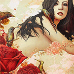 99px.ru аватар Темноволосая девушка с птицей на плече лежит в окружении роз, а сверху летят лепестки, художник Ratinan Thaijaroen (Ise Ратта Ananphada)