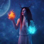 99px.ru аватар Девушка с рогами держит в руках два волшебных шара: огненный и водный