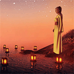 99px.ru аватар Девушка в длинном платье стоит на берегу и смотрит на китайские фонарики в воде на фоне звездного неба