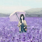 99px.ru аватар Девушка с зонтом в одной руке и корзиной в другой руке стоит в поле, среди цветов лаванды на фоне неба и гор, идет дождь