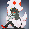 Аватар Terezi Pyrope / Терези Пироп из веб-комикса Хоумстак / Houmstuck сидит в обнимку с белым плюшевым драконом с красными глазами