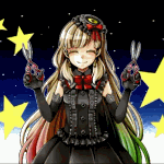 Аватар Вокалоид Майю / vocaloid Mayu щелкает ножницами на фоне ночного неба и звезд, кадры из клипа Mayu - Criss Scissors / Майю - пересекать ножницами