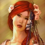 99px.ru аватар Девушка с красными волосами в которые вплетены розовые цветы и ленточки