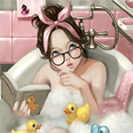 99px.ru аватар Моргающая девушка с бантом на голове читает книгу в ванной, вокруг нее плавают резиновые уточки