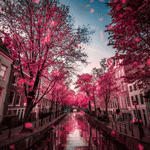 Аватар Улица Амстердама, Нидерланды / Amsterdam, Nederland, посреди которой находится канал, по бокам его растут деревья, падают лепестки