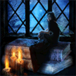 99px.ru аватар Девушка сидит на книгах у окна, за котором виднеются деревья, перед ней три свечки, автор исходника Cocodrillo