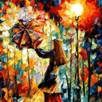 99px.ru аватар Девушка с открытым зонтом в пальто на фоне горящего фонаря среди аллеи деревьев, автор Леонид Афремов