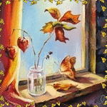 99px.ru аватар Стеклянная банка с веточками сухих растений и бабочкой у окна, с оранжевыми шторами, художник Константин Шиптя