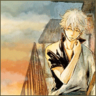 99px.ru аватар Грустный Саката Гинтоки / Sakata Gintoki из аниме Гинтама / Gintama стоит, приложив руку к шее, на фоне крыш домов и закатного неба с быстро проплывающими тучами