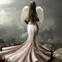 99px.ru аватар Девушка в длинном розовом платье с белыми ангельскими крыльями за спиной стоит на фоне пасмурного неба