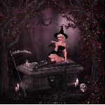 99px.ru аватар Девушка - ведьма с пауком в руке, над ней летают летучие мыши, на переднем плане стоит черный кот, рядом с постаментом, на котором сидит девушка, лежит череп и горят свечи