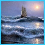 99px.ru аватар Парусник, плывущий по бушующему морю, на фоне пасмурного неба, пробивающегося сквозь туманную мглу солнца
