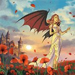 99px.ru аватар Девушка с крыльями стоит в поле маков на фоне замка, неба и солнца