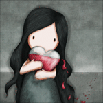 99px.ru аватар Девочка-куколка с длинными темными волосами обнимает сердечко, из которого капает кровь, художница Сьюзан Вулкотт / art by Suzanne Woolcott