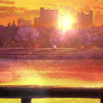 99px.ru аватар Опадающие лепестки сакуры на фоне озера и города с солнцем на горизонте