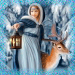 99px.ru аватар Девушка, держащая в руке горящий фонарь, стоит рядом с оленем среди заснеженных деревьев