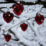 99px.ru аватар Елочные игрушки в виде красных сердечек развешаны на заснеженных ветках деревьев